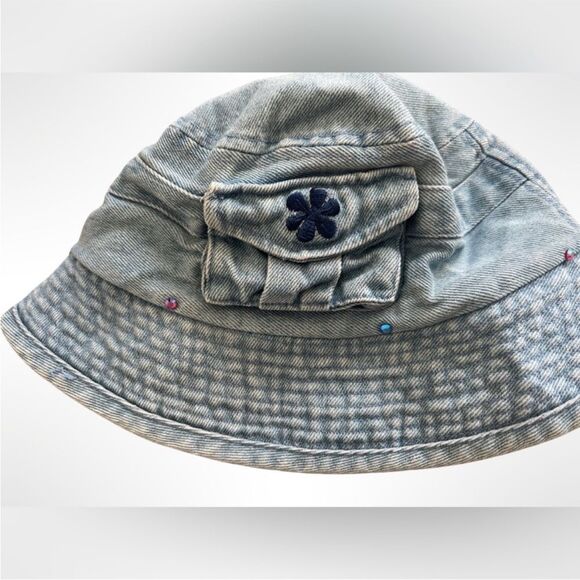 90s Vintage Kids Denim Bucket Hat Front Mini Velcro Pocket Flower Embroidery - Picture 7 of 9